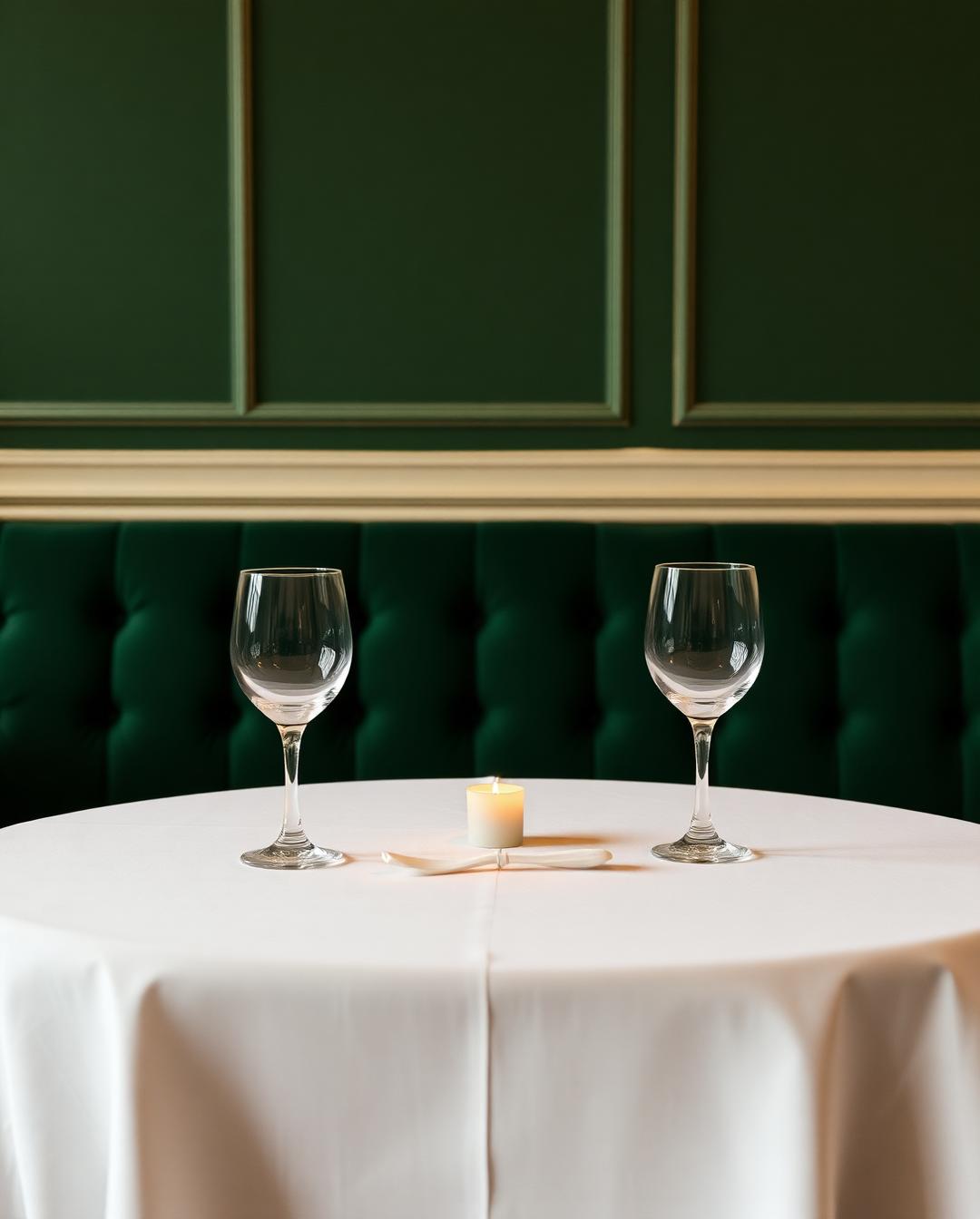 Table de restaurant à banquette verte, mise en scène cinématographique